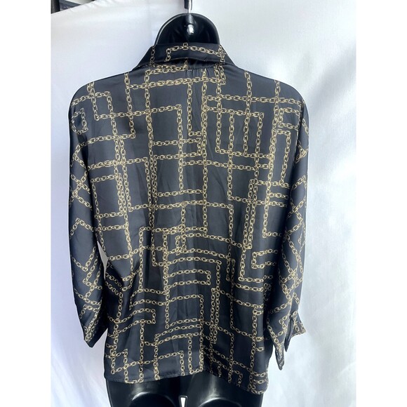 Phardi European Satin Black Button Down Blouse Chains Equestrian Formal Office 8 - Picture 4 of 12